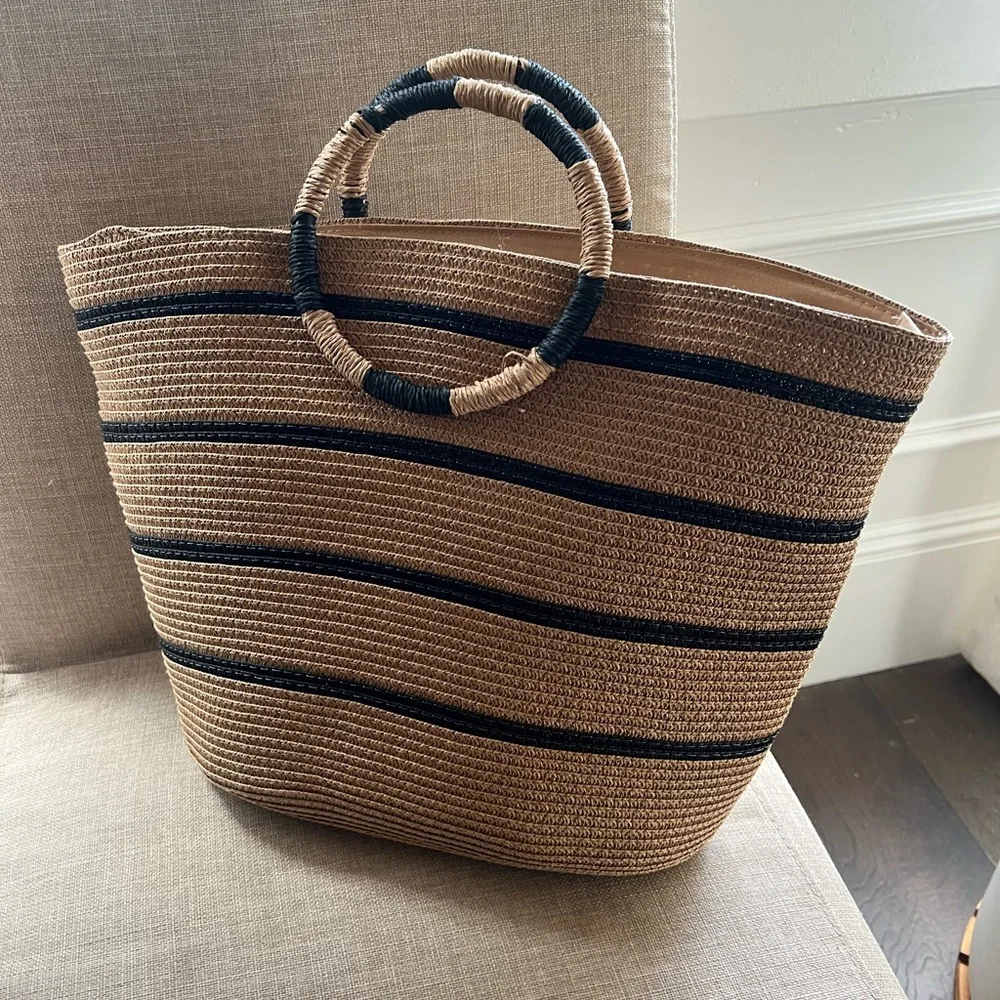 Stylish Tan and Black Woven Tote Bag